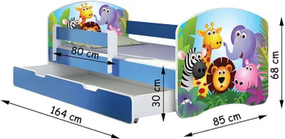 Image de ACMA lit d'adolescent lit d'enfant lit junior set complet avec matelas sommier à lattes et protection antichute bleu 01 Zoo Nom 160x80 + coffre de lit