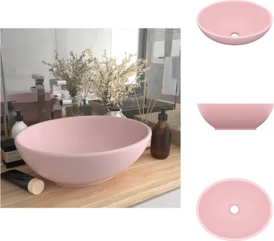 A collage of images showing a pink ceramic washbasin from different angles, with a lifestyle shot of the basin on a bathroom counter.
