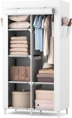 Productafbeelding van Stoffen Kledingkast - Opbergkast Garderobe - Kleding Opbergen - Met Hangruimte - 84 x 42 x 162 cm - Wit