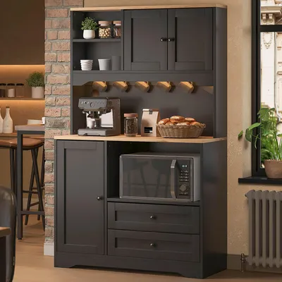 Image de Armoire haute 100x40x163, avec éclairage LED, prises électriques, emplacement pour micro-ondes, étagère à épices, ports USB
