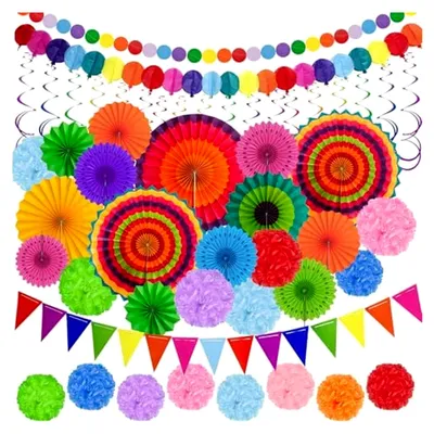 Produktbild von Papier Pompoms und Fächer Set für Feierlichkeiten