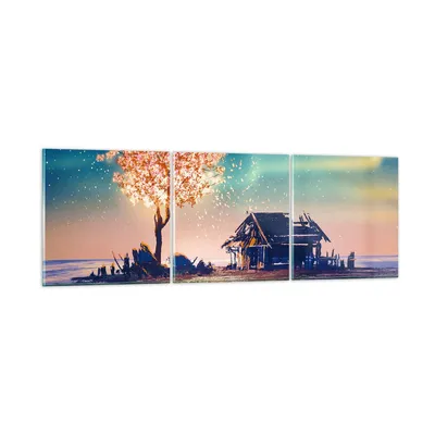 Produktbild von Bilder auf glas - Baum Haus Nacht Sterne - 90x30cm - Glasbilder - Wandbilder - Kunstdruck - zum Aufhängen bereit - Wanddekoration aus Glas - Glas Bilder - Wandbild auf Glas - 3 Teile - GCA90x30-2849