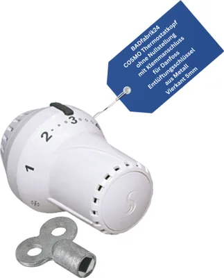 Produktbild von BADfabrik24 COSMO Thermostatkopf ohne Nullstellung mit Klemmanschluss für Danfoss + Entlüftungsschlüssel aus Metall, Vierkant 5mm 1 Stück