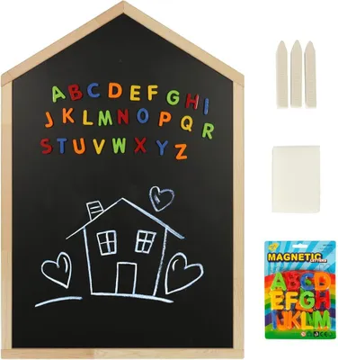 A house-shaped chalkboard with magnetic letters and chalk accessories.