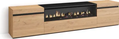 A modern TV stand with a built-in electric fireplace.