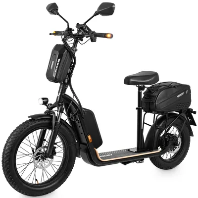 A black electric scooter is shown against a white background.