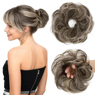 Image de Pièce de cheveux avec élastique, pour chignon ou boucles, 100% cheveux naturels, noir/blond, 23g