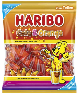 Zdjęcie produktu dla Żelki owocowe Haribo o smaku coli i pomarańczy, bardziej owocowy smak, 175 g, Obraz wygenerowany przez AI