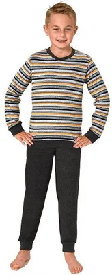 Produktbild von Jungen Frottee Pyjama in Ringel-Optik, warmer Schlafanzug mit Bündchen in tollen Farben ; orange , 152