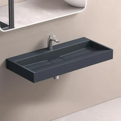 Produktbild von doporro Colossum19 Mineralguss Waschbecken, Anthrazit, matt, 100x46x11cm, Aufsatz-/Hängewaschbecken mit Armaturloch, inkl. Ablaufgarnitur