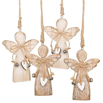 Produktbild von 4 Holz Engel zum Aufhängen - Natur braun mit Herz 10,5 cm