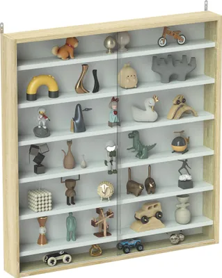 Image de HOMCOM Vitrine pour collection vitrine murale 80 x 9,5 x 83 cm avec 6 étagères réglables en hauteur et 2 portes coulissantes en verre, pour collection de figurines et voitures miniatures, chêne