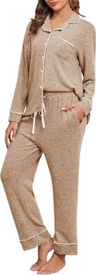 Produktbild von Damen Pyjama Set Langarmshirt und Hose Weich Braun XL
