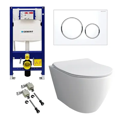 Produktbild von Alpenberger Wand WC Spülrandlos mit WC Sitz mit Absenkautomatik | Kloschüssel mit WC Spülkasten Bausatz Betätigungsplatte | Vorwandelement WC Komplett Set | Passend Geberit