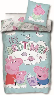 A Peppa Pig themed duvet cover and pillowcase set with a bedtime theme.