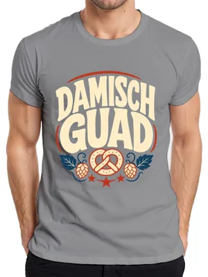 Productafbeelding van Damisch Guad Bayern , pretzel, hop, bier, lederhosen, heren T-shirt, grijs, XL