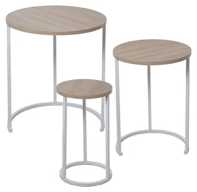 3er-Set runde Beistelltische, Holz/Metall, Weiß/Natur, 48x58 cm