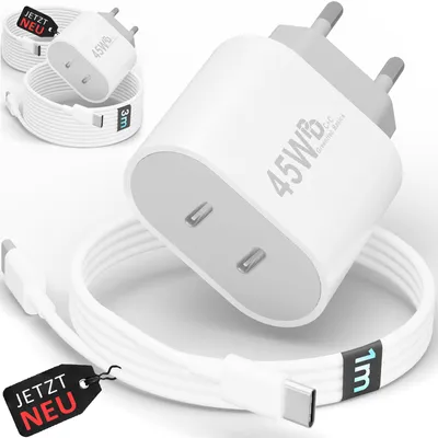 Produktbild von 45W USB-C Schnellladegerät Charger mit GaN-Technologie für Handy, iPhone, Samsung S21-S25, Tablet, iPad Dual Port PD - Ladegerät + 1m Kabel