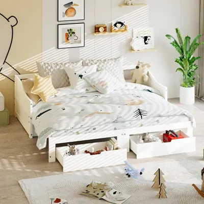 Obrázek produktu pro ProximaX denní lůžko 90x200cm/180x200cm rozkládací postel, rozkládací pohovka s lamelovým roštem a područkami, čalouněná postel dětská rozkládací postel, bílá