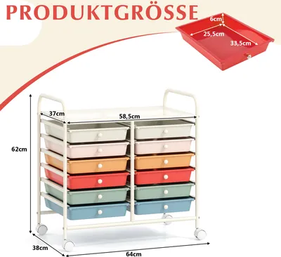 A product image showcasing a multi-drawer storage cart with dimensions and a separate image of a single drawer.