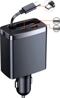 Produktbild von Einziehbare Autoladegeräte, 3-in-1-Schnellladeadapter mit 1 einziehbarem Ladekabel und 2 Ladeanschlüssen für Smartphone, Tablet und andere elektronische Geräte