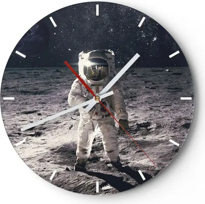 Produktbild von Wanduhr - Rund - Glasuhr - Mond Erde Astronaut - 30x30cm - Schleichendes Uhrwerk - Lautlos - zum Aufhängen bereit - Dekoration Modern - Wanddekoration aus Glas - C3AR30x30-4882
