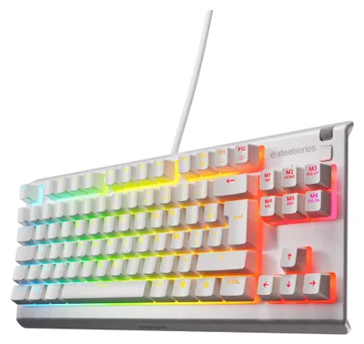 Image de Clavier gaming SteelSeries Apex 3 TKL blanc avec éclairage RGB – Format compact sans pavé numérique – Éclairage RGB à 8 zones – Résistance à l'eau et à la poussière – Touches gaming silencieux – Disposition AZERTY – Version française