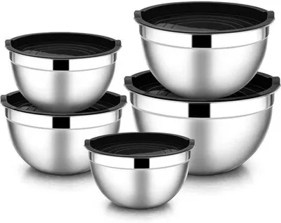 Zdjęcie produktu dla Zestaw pojemników ze stali nierdzewnej – 5-częściowy – zestaw do sałatek – z pokrywkami – 4,1 l, 2,3 l, 1,3 l, 1,0 l i 0,6 l – przybory kuchenne – można ustawiać jeden na drugim – można myć w zmywarce