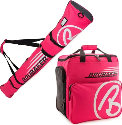 BRUBAKER Kombi Set CHAMPION - Limited Edition - Skisack 170 cm und Skischuhtasche für 1 Paar Ski + Stöcke + Schuhe + Helm Pink Weiss