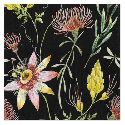 Produktbild von 20 Servietten Flowers - Zierliche Blumen auf schwarz 33x33cm