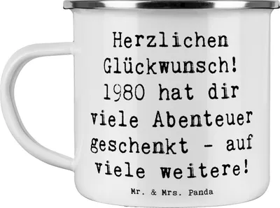 Produktbild von Mr. & Mrs. Panda Teetasse Spruch 1980 Geburtstag Abenteuer - Weiß - Geschenk, Haferl, Lebensreise, Herzlichen Glückwunsch, Pott, Happy Birthday, Emaille Tasse, geboren