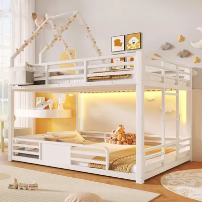 Image de Lit superposé Merax 140x200 cm, lit en métal avec éclairage LED, structure de toit à assembler soi-même, poches en tissu, lit superposé, lit pour enfants, lit pour adolescents, blanc