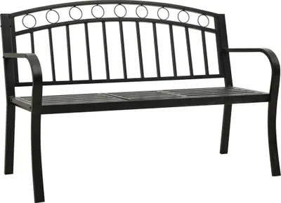 A black metal garden bench against a white background.