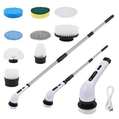 Produktbild von Elektrische Reinigungsbürste mit 9 Aufsätzen, 110 cm Teleskopgriff,  Akkuanzeige, 90 Min Laufzeit, 2 Geschwindigkeiten, für Bad, Boden, Küche und Auto