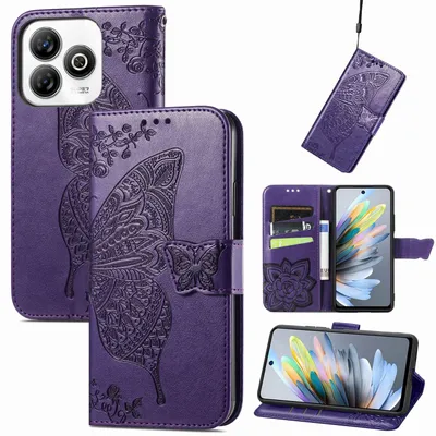 Produktbild von Für ZTE Blade A75 4G Kunstleder Wallet Handy Tasche Schmetterling Design Hülle Etuis Lila
