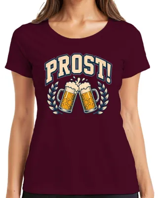 Productafbeelding van PROST! Bierkruik, , volksfeest, feest, grappig, lederen broek, dames T-shirt, bordeauxrood, maat M