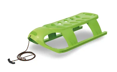 A green plastic sled with a rope and handle is shown against a white background.