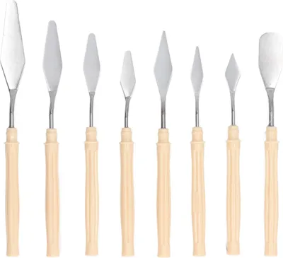 Immagine prodotto di set di 8 coltelli per pittura, in acciaio inox, design ergonomico, ideale per miscelare e dipingere