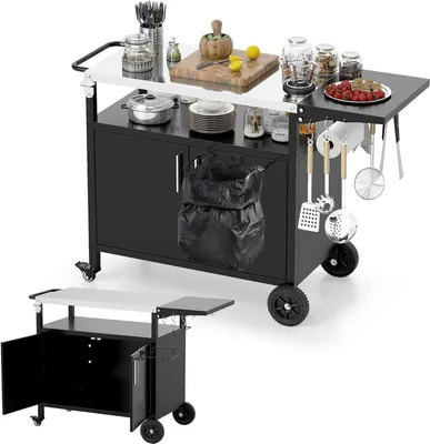 Productafbeelding van Grillwagen RVS - Buitenkeuken Trolley - Outdoor Koken - Inklapbaar Werkblad - 127 x 50 x 84 cm