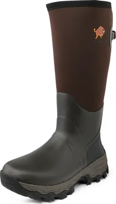 A single brown rubber boot with a brown neoprene shaft, standing on a white background.
