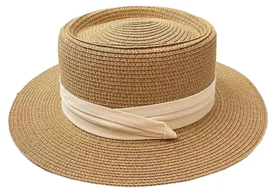 Produktbild von Flacher Strohhut aus Naturstroh, breitkrempig, Sonnenschutzhut für Sommer und Strand mit Schleife
