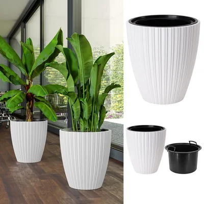 A collage of images showing white planters with a textured design, some containing large green plants, and a separate black insert for one of the planters.