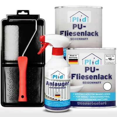 Produktbild von Plid PolyurethanFliesenlack Weiß seidenglänzend 1,5 l mit Anlauger und Lackierset
