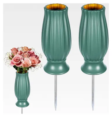 Produktbild von Grabvase mit Erdspieß, 2 Stück Friedhofsvase mit Spikes für Gräber, Blumenvase aus Kunststoff für Grabdekoration