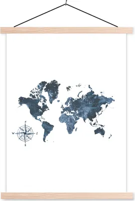 Produktbild von MuchoWow® Textilposter Weltkarte - Blau - Weiß 60x80 cm mit holzfarbenen Rahmen - Wandbild