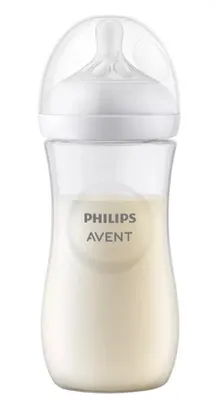 A Philips Avent baby bottle filled with milk, shown against a white background.