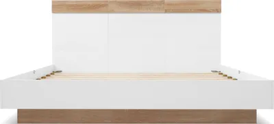 A front view of a modern bed frame with a white headboard and wooden accents.