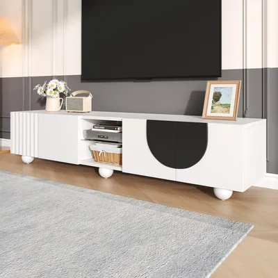 Obrázek produktu pro okwish moderní TV skříňka s bezúchytkovým otevíráním, TV stolek s velkým úložným prostorem a otevřenou středovou přihrádkou, televizní lavice s kulatými nohami, bílá