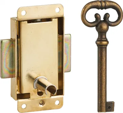 Image de Serrure de meuble en applique pour porte d'ameublement, axe 15mm, 30x50mm, laiton, 1 clé - THIRARD