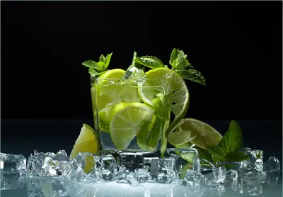 Produktbild von Wallario Fototapete Vliestapete, seidenmatte Oberfläche, einfache Verarbeitung, Größe 300 x 210 cm, Motiv Mojito - Cocktail mit Limetten, Eis und Minze